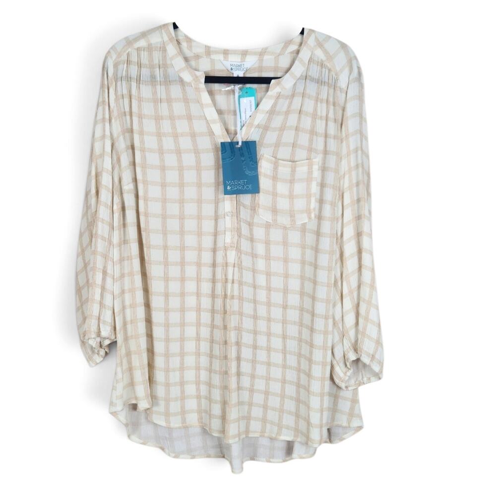 Market & Spruce Cream Tan Plaid Blouse 3x Rayon Career Top Fall Neutral Classic